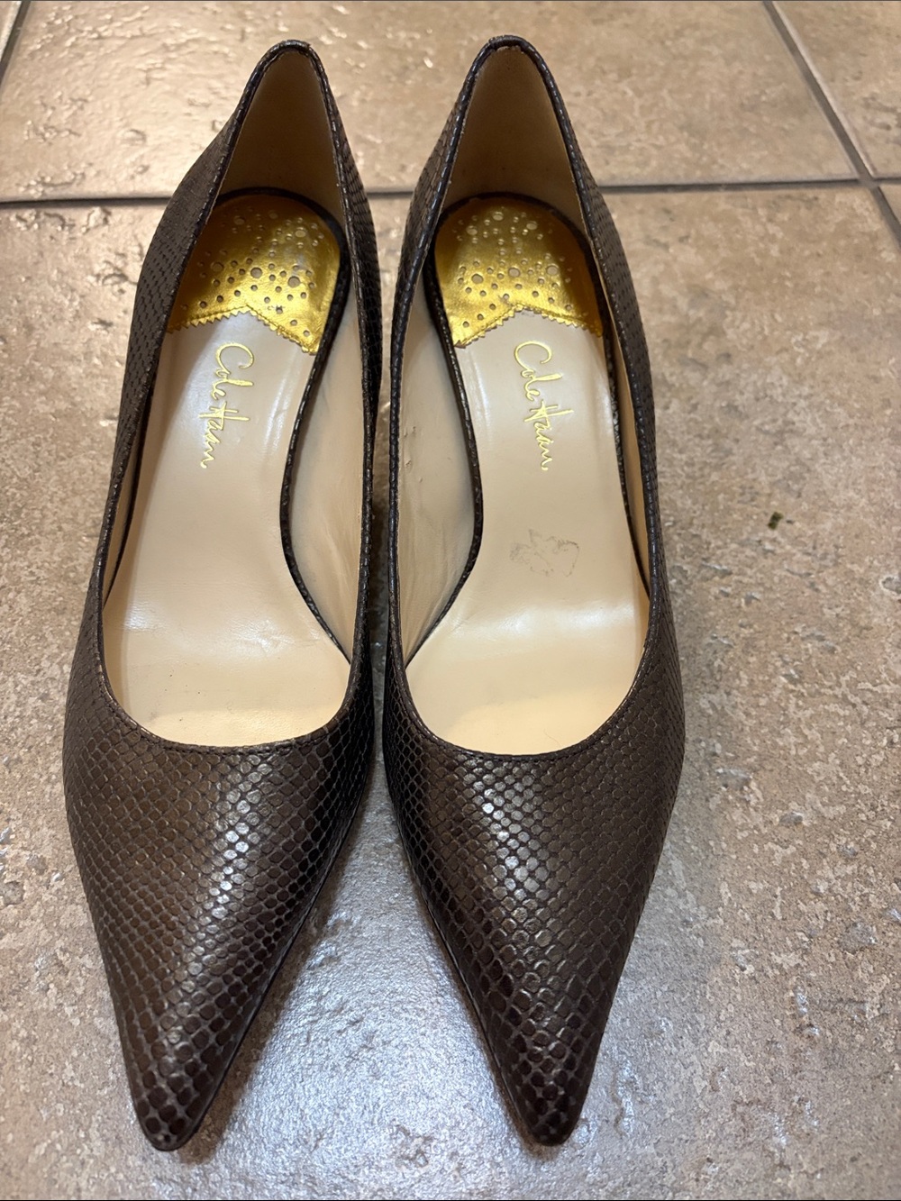 Cole Haan Dark Brown Snakeskin-Texture Pointed Toe Pumps